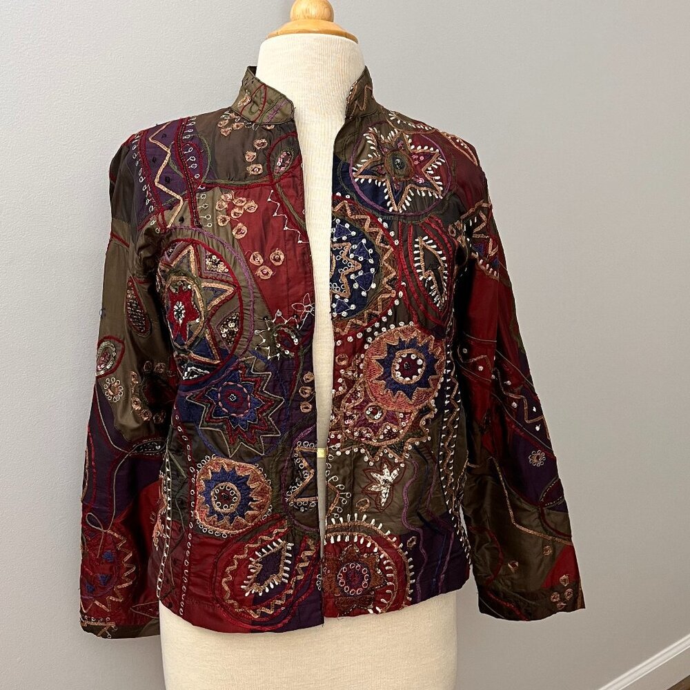 Chico's Jewel-Tone Silk Blend Patchwork Embroidered Jacket Sz XS - Picture 3 of 13